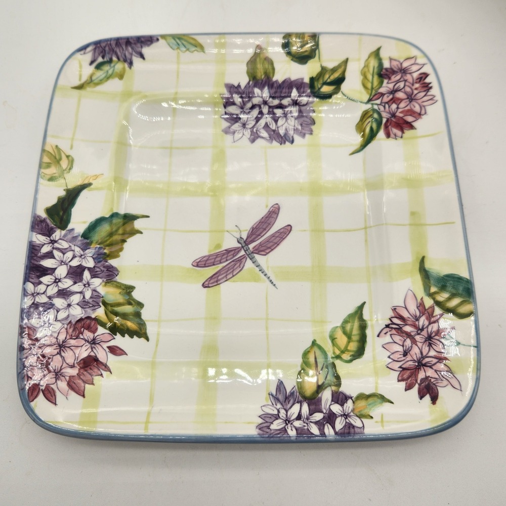 Zrike Hand Painted 8" Square Ceramic Plate Dragonfly Hydrangea Gingham Plaid 8in